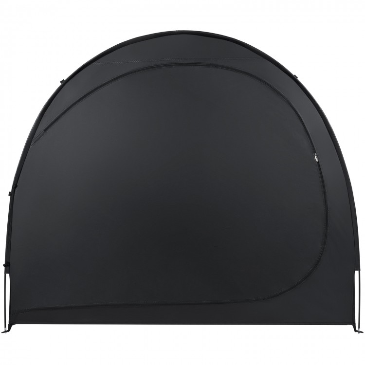 Black bike storage tent featuring waterproof PU coated oxford fabric, enclosed design, and large walk-in door for easy.