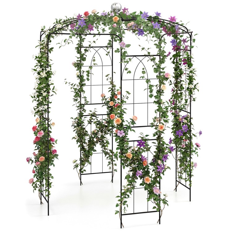 Birdcage shape gazebo for climbing plants, featuring durable galvanized metal and decorative floral accents for events.