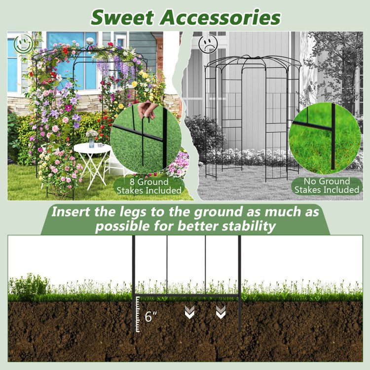 Birdcage shape gazebo with 8 ground stakes, designed for climbing plants and wedding decoration stability.