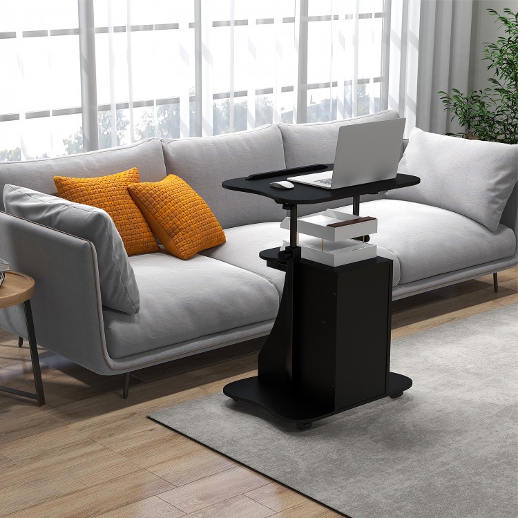 Adjustable mobile standing desk cart in black with tilt desktop, 2-tier shelves, and rolling casters for versatile use.