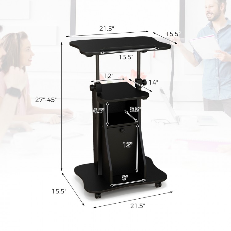 Adjustable mobile standing desk cart in black with tilt desktop, measuring 27" to 45", ideal for home or office use.