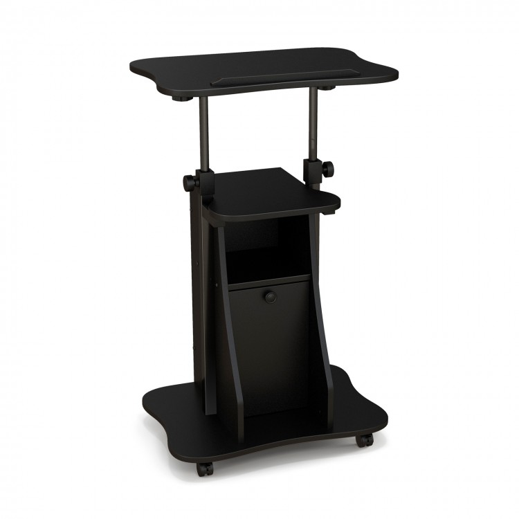 Adjustable mobile standing desk cart in black with tilt desktop, 2-tier shelves, and cabinet for versatile use.