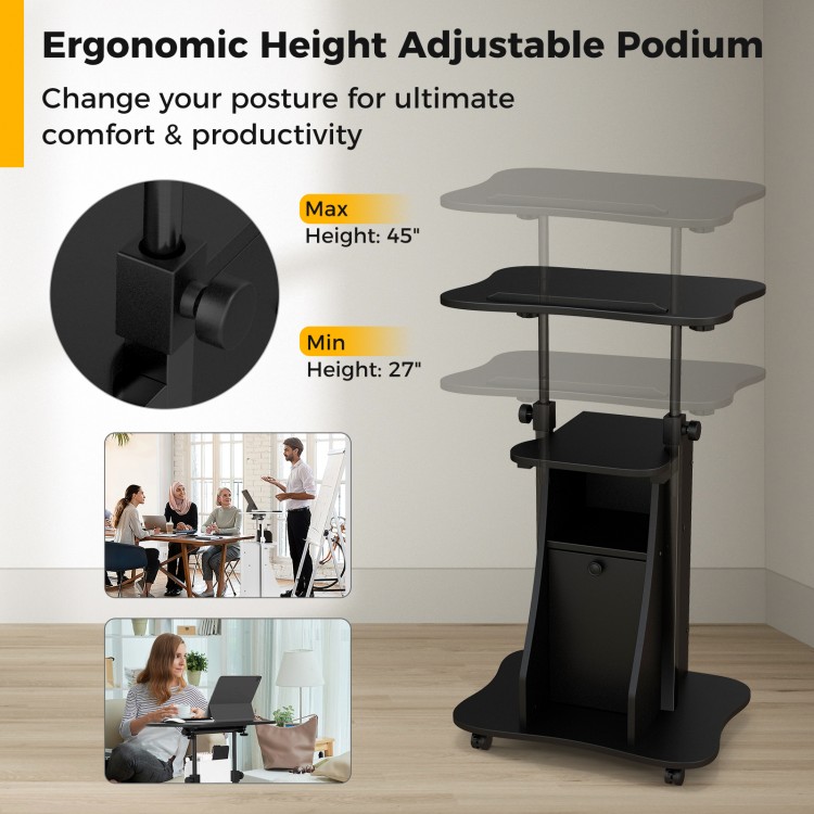 Adjustable mobile standing desk cart in black with a height range of 27" to 45", ideal for versatile workspace use.