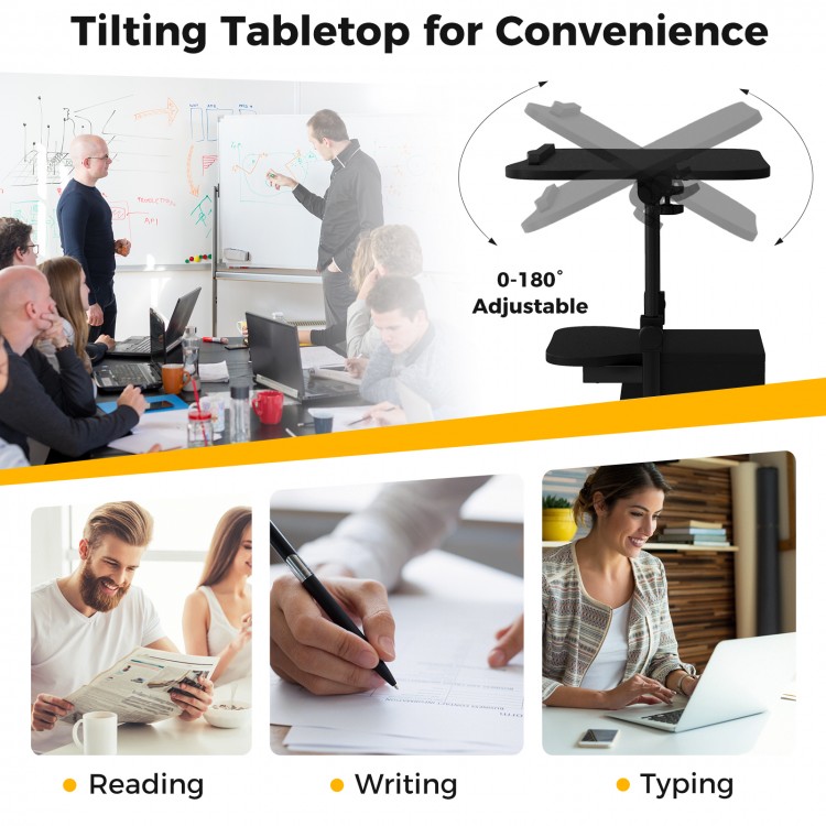 Adjustable mobile standing desk cart with tilting tabletop, 27"-45" height, ideal for reading, writing, or typing.