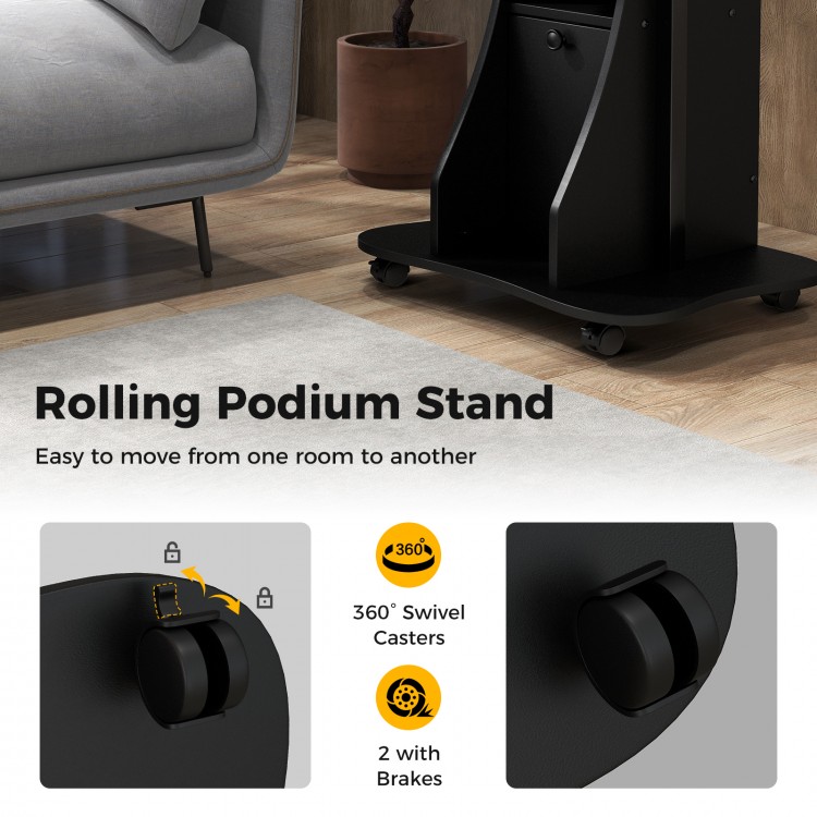 Adjustable mobile standing desk cart in black with tilt desktop, 360° swivel casters, and lockable wheels for stability.