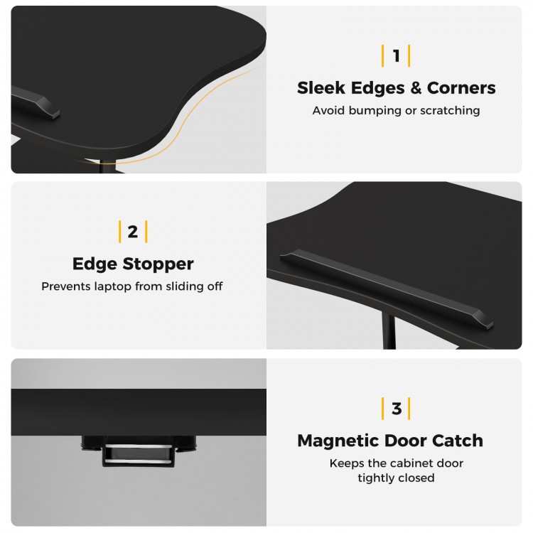 Adjustable mobile standing desk cart in black with tilt desktop, edge stopper, and magnetic door catch for secure use.