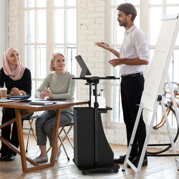 Adjustable mobile standing desk cart in black featuring a single door cabinet for concealed storage and versatile.