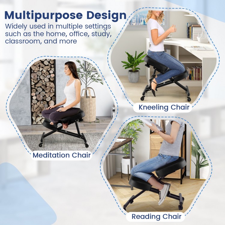 Adjustable ergonomic kneeling chair in black with thick foam cushions, ideal for meditation, reading, or office use.