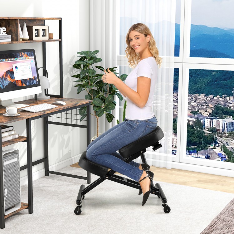 Adjustable ergonomic kneeling chair in black with thick foam cushions, designed for comfort and correct posture in an.