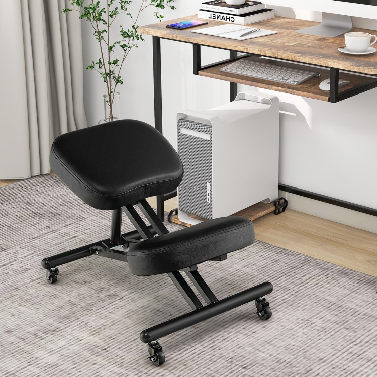 Adjustable ergonomic kneeling chair in black with thick foam cushions, designed for comfort and correct posture.