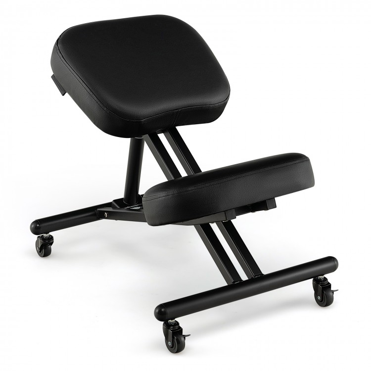Adjustable ergonomic kneeling chair in black with thick foam cushions and gas spring rod for enhanced comfort and.