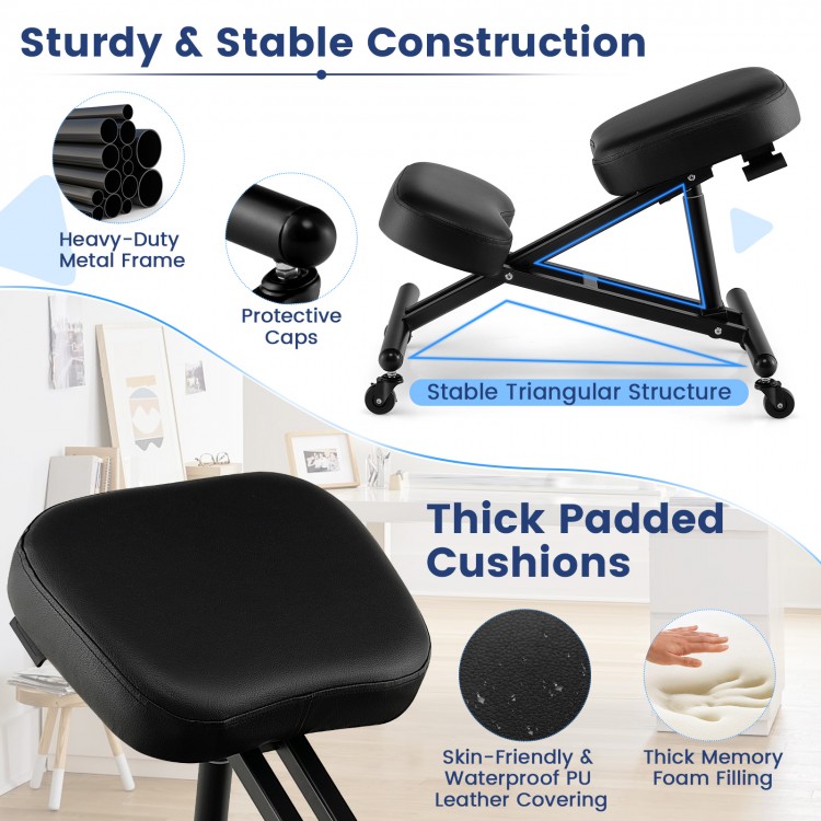 Adjustable ergonomic kneeling chair in black with thick foam cushions and sturdy metal frame for comfort and support.