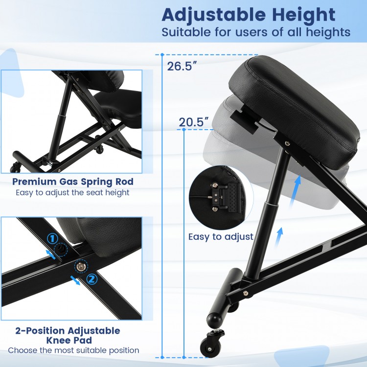 Adjustable ergonomic kneeling chair with gas spring rod, black foam cushions, and sturdy metal frame for comfort.