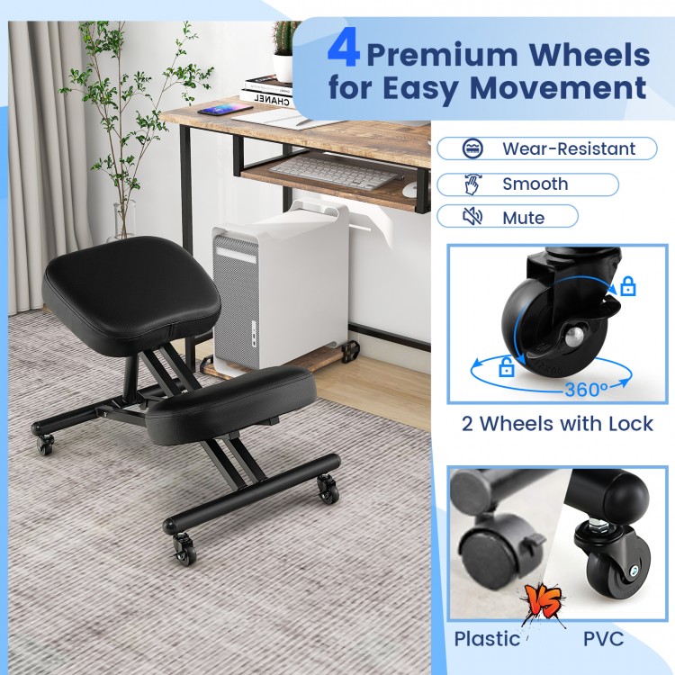 Adjustable ergonomic kneeling chair in black with thick foam cushions and premium wheels for easy movement and support.