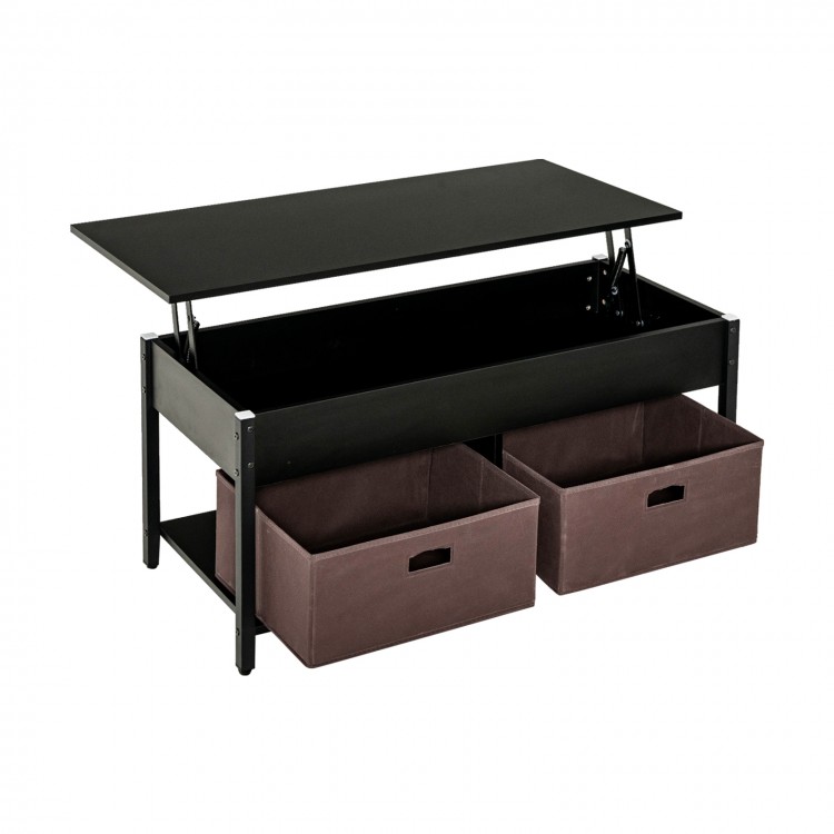 Lift top coffee table in black with removable fabric drawers and hidden compartment, ideal for living room storage.