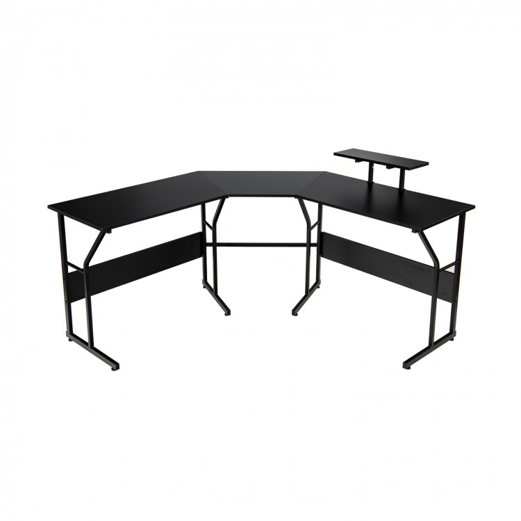 L-shaped black computer desk with monitor stand, flexible design for corner use, supports multiple monitors and office.