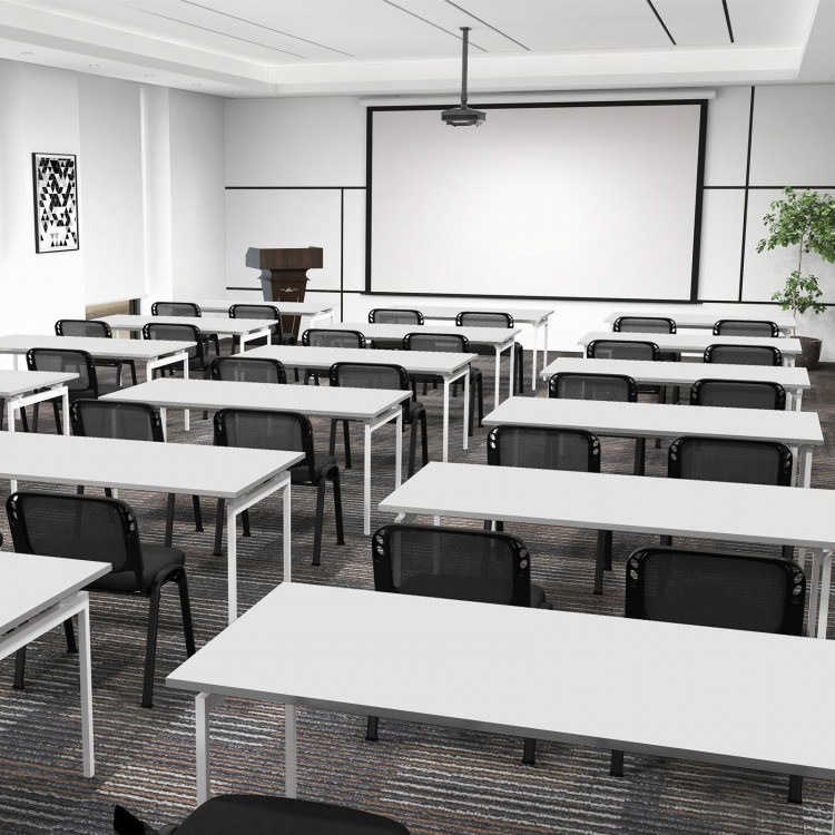 Stackable conference chairs with mesh back and curved design, ideal for office gatherings and space-saving solutions.