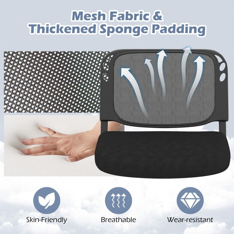 Close-up of the breathable mesh back and thickened sponge padding of a stackable conference chair for optimal comfort.