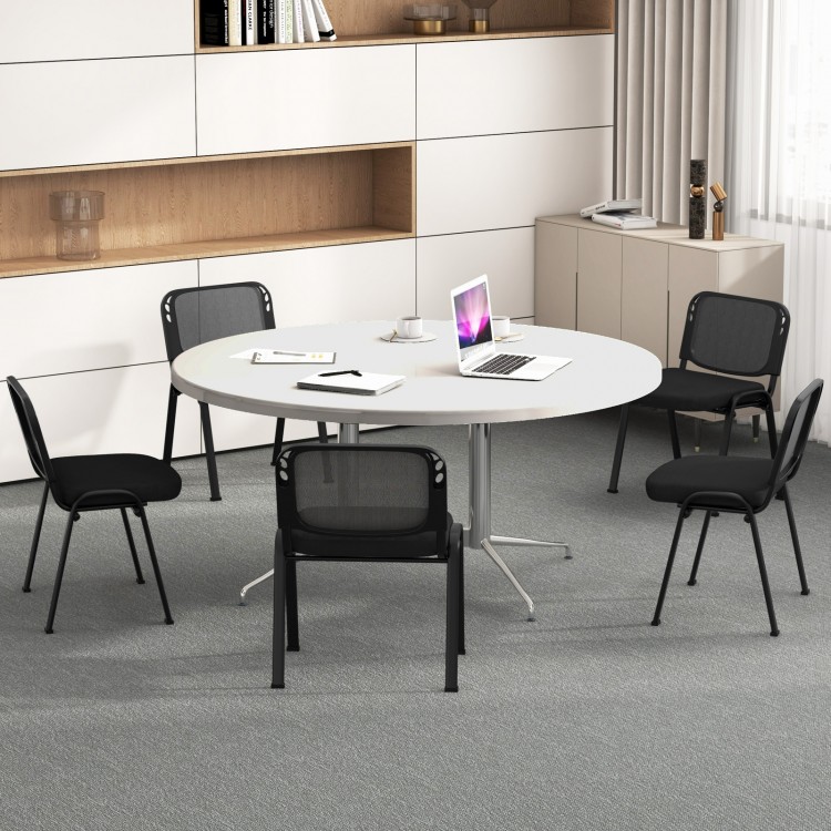 Set of 5 stackable conference chairs with mesh back and curved design, ideal for office gatherings and space-saving.