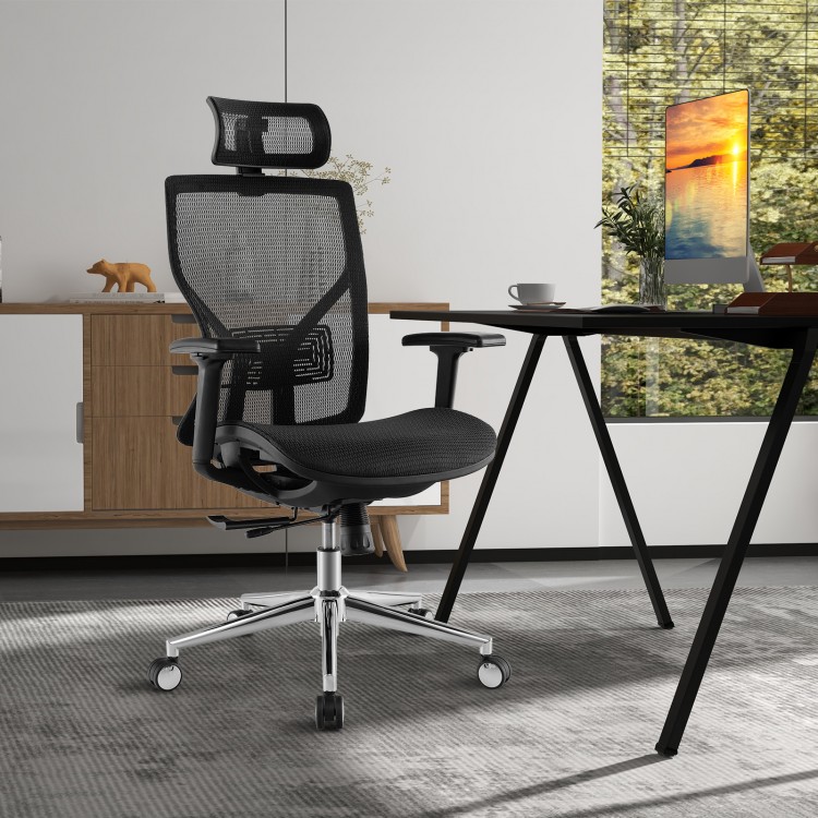 High-back mesh executive chair with adjustable lumbar support and headrest, designed for comfort in home or office.