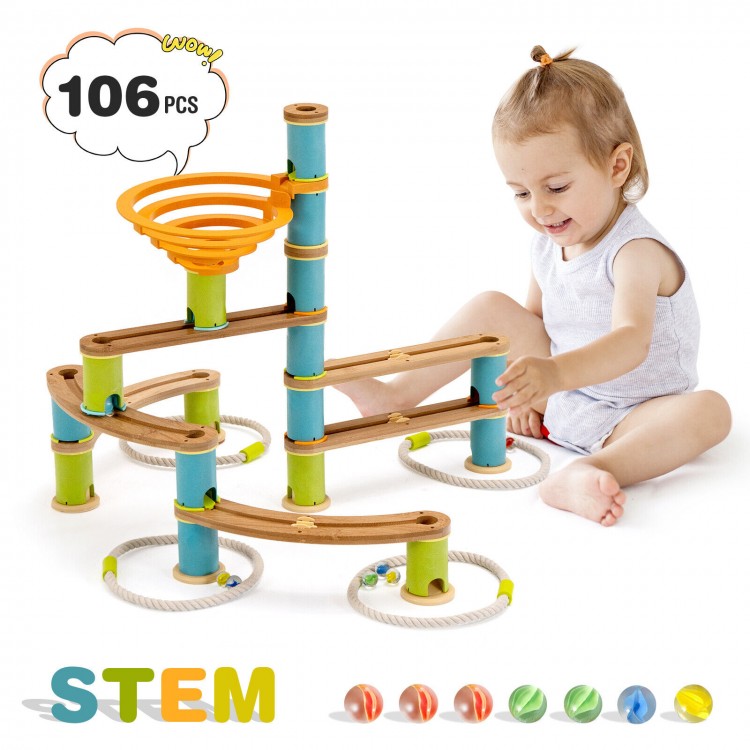 Bamboo marble run toy set with 106 pieces, designed for kids over 4 to enhance STEM skills and creativity.
