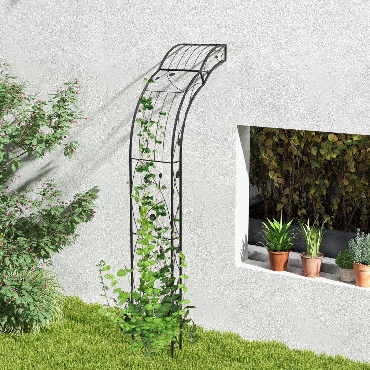 Black garden arch trellis with elegant curve, perfect for supporting climbing plants and enhancing garden aesthetics.
