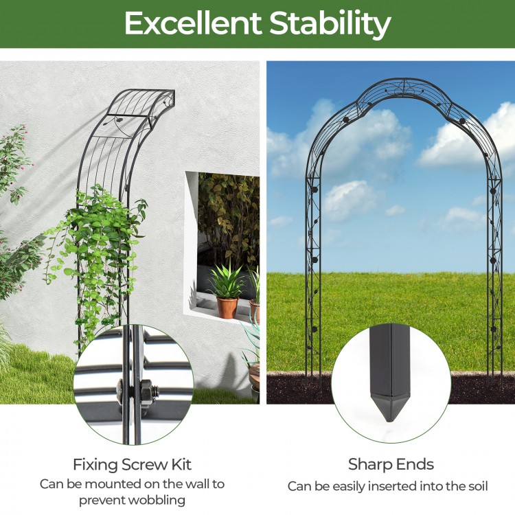 Garden arch trellis with sharp ends for easy soil insertion, sturdy metal frame for climbing plants and outdoor use.