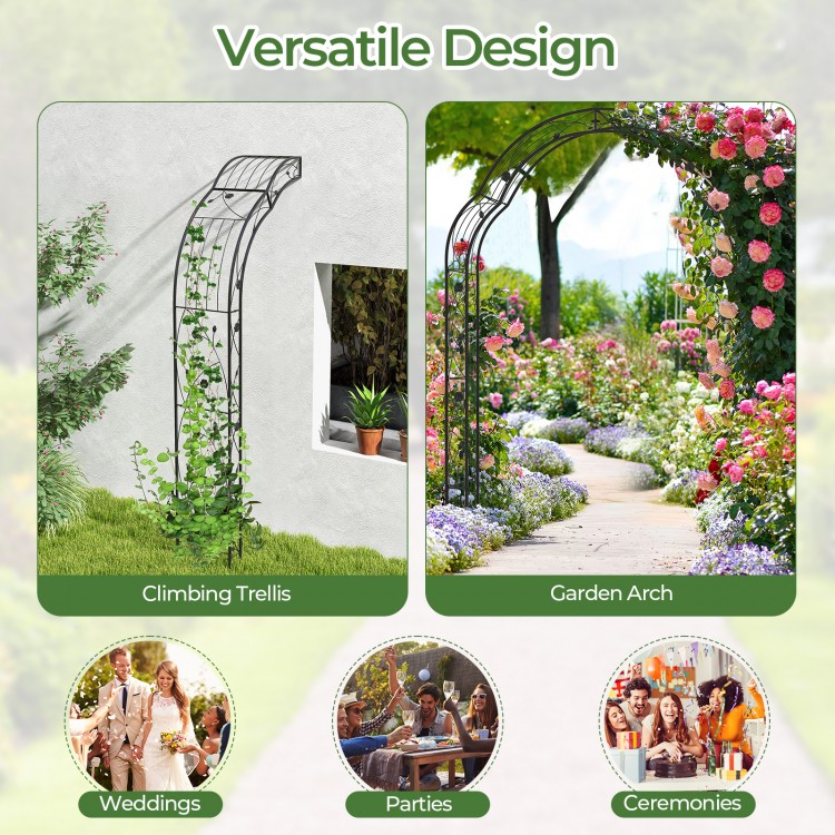 Black garden arch trellis for climbing plants, featuring a sturdy metal frame, ideal for weddings and outdoor decor.