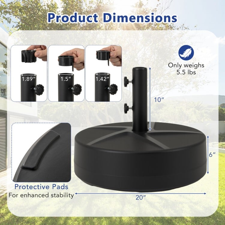 Patio umbrella base with adjustable knobs, 88 lbs capacity, fillable with water or sand for stability, designed for.