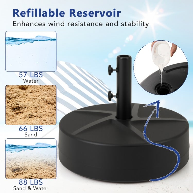 Patio umbrella base with refillable reservoir, holds 88 lbs of water or sand, designed for stability and easy assembly.