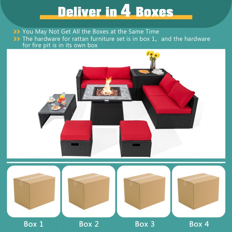 Storage box included with the 9-piece outdoor wicker sectional set, featuring red cushions and durable PE rattan for.