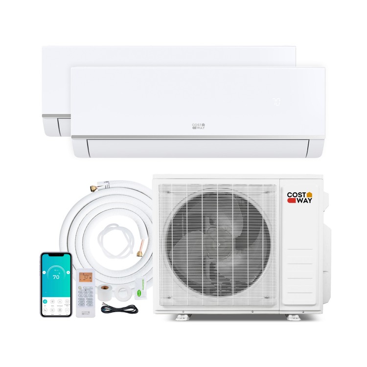 Blast Pro 20000 BTU mini split AC system with heat pump, featuring dual zones, remote control, and energy-efficient.