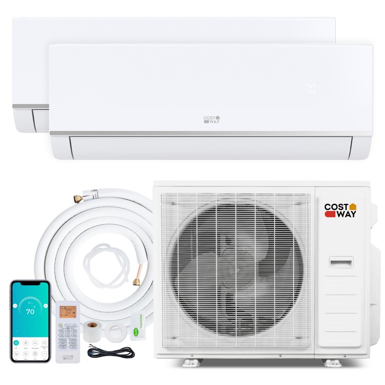 Dual-zone Blast Pro 38000 BTU mini split AC system with heat pump, featuring outdoor unit and remote control for.