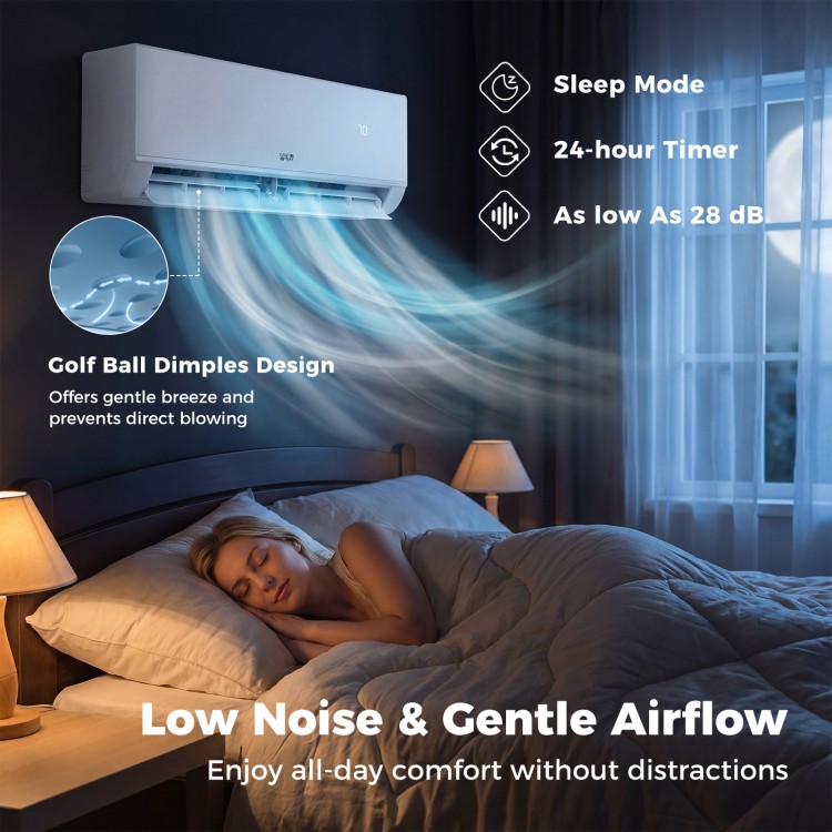 Mini split AC unit with low noise operation, 20 SEER2 efficiency, and gentle airflow for comfortable cooling and.