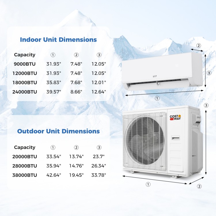 Indoor and outdoor unit dimensions for the Blast Pro 38000 BTU 4 Zone Mini Split AC with Heat Pump.