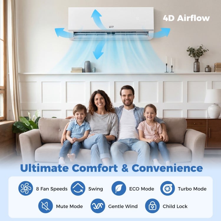 Mini split air conditioner with 4D airflow, 12000 BTU, and 8 fan speeds for year-round comfort and convenience.