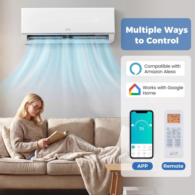Mini split air conditioner with remote and app control, featuring 18000 BTU, 7 modes, and 4D auto swing for efficient.