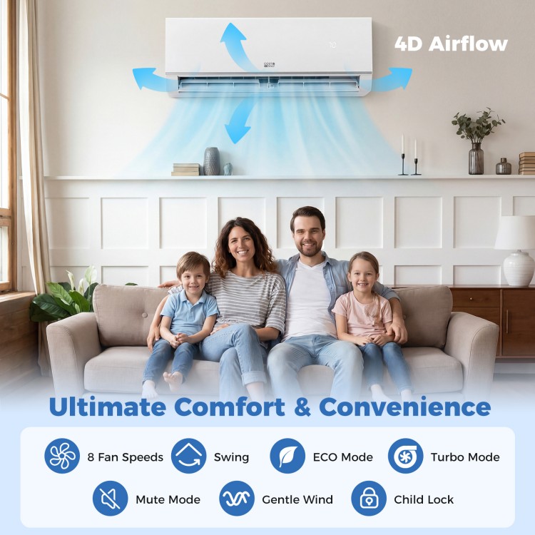 Mini split air conditioner with 4D airflow, 8 fan speeds, and WiFi control for year-round comfort in any space.