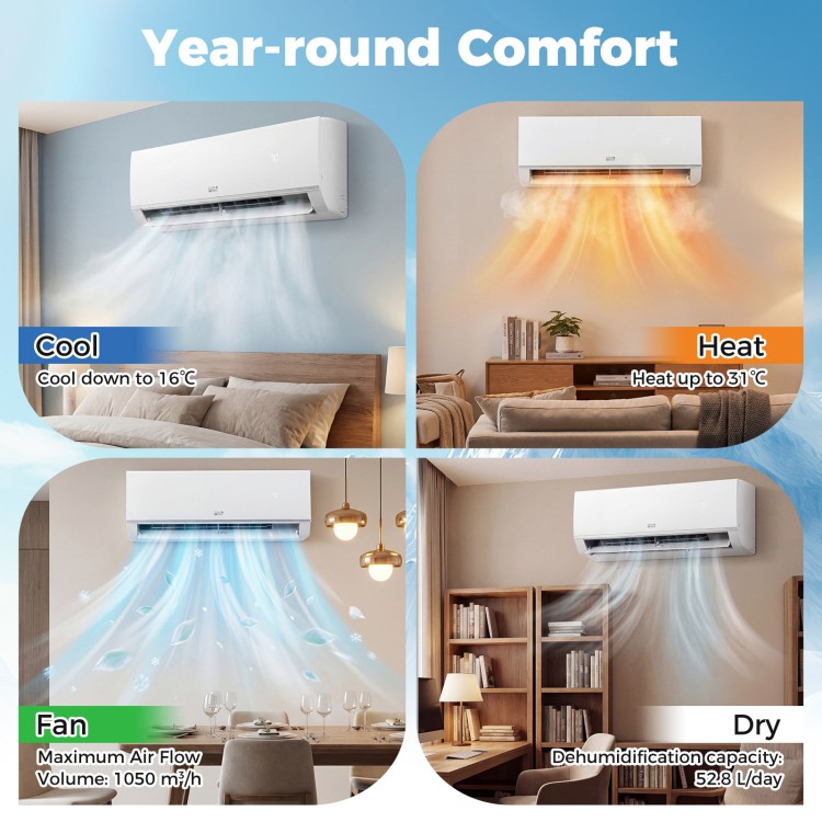 Mini split air conditioner and heater with 4 modes, 8 fan speeds, and WiFi control for year-round comfort.