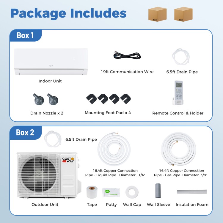 Indoor and outdoor units of the Blast Pro Series 9000 BTU mini split air conditioner with installation accessories.