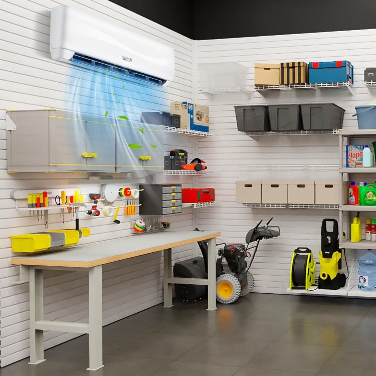 Ductless mini split air conditioner in a garage setting, featuring 12000 BTU cooling for spaces up to 750 sq.ft.