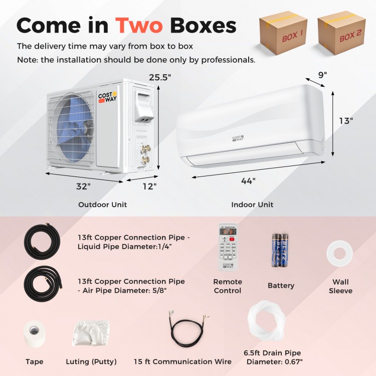 Ductless mini split air conditioner and heater, 24000 BTU, 18.5 SEER2, includes indoor and outdoor units with.