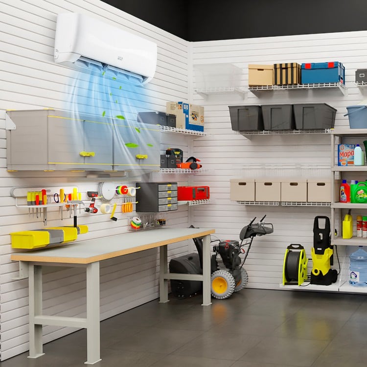 Ductless mini split air conditioner and heater with remote control, designed for spaces up to 450 sq.ft, in a workshop.