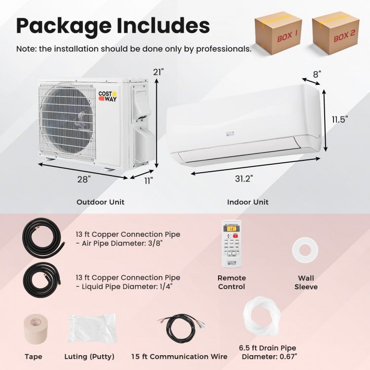 Ductless mini split air conditioner and heater with outdoor and indoor units, suitable for spaces up to 450 sq.ft.