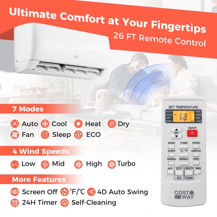Ductless mini split air conditioner and heater with 9000 BTU, remote control, and 7 operation modes for efficient.