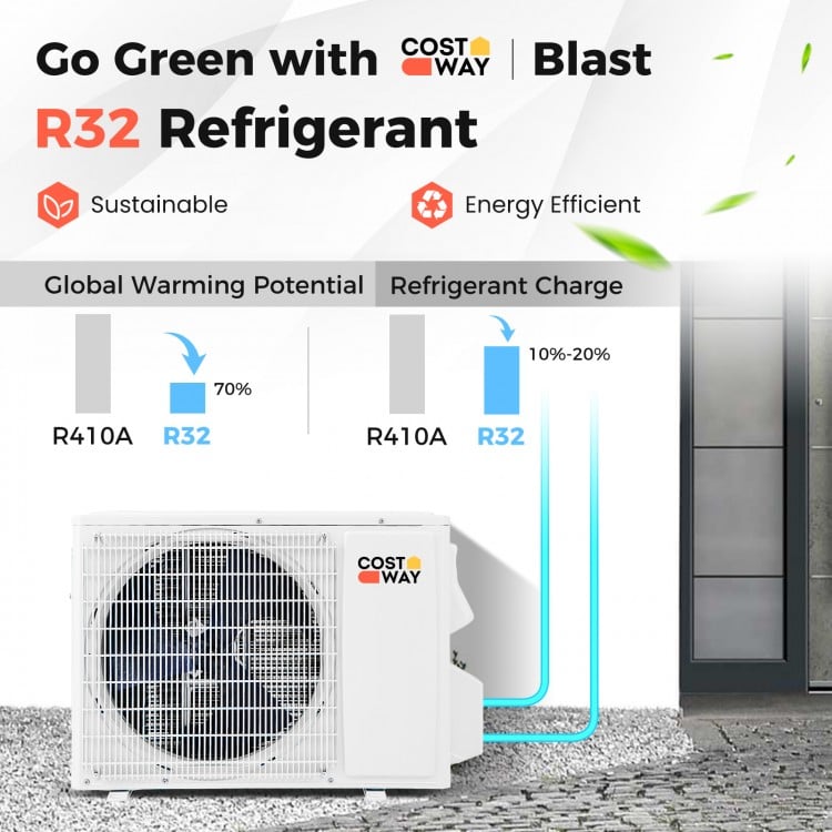 Ductless mini split air conditioner and heater with R32 refrigerant, 9000 BTU, for efficient cooling and heating.