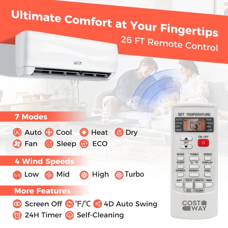 Ductless mini split air conditioner and heater with remote control, featuring 7 modes and 4 wind speeds for year-round.