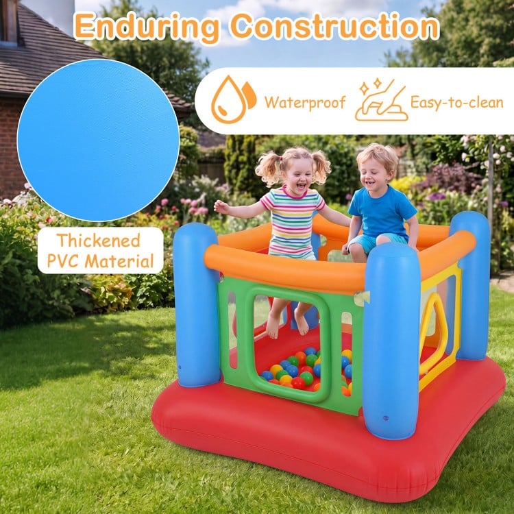 Inflatable jumping house for kids in blue, made of thickened PVC, features waterproof design and transparent side walls.