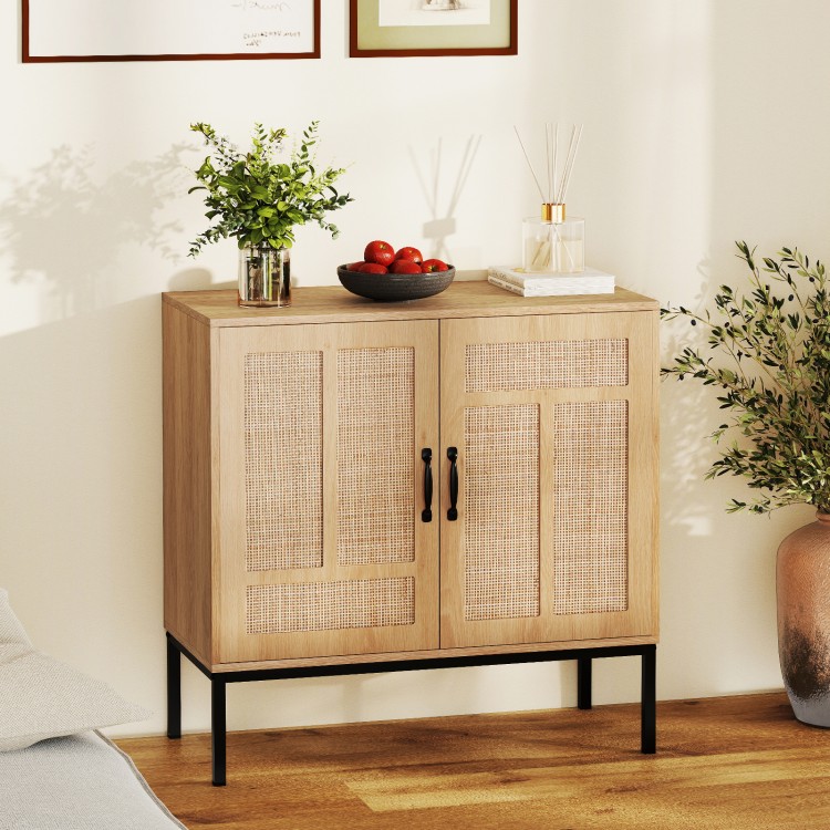 Boho storage cabinet with natural rattan doors and asymmetrical patterns, ideal for kitchen organization and decor.