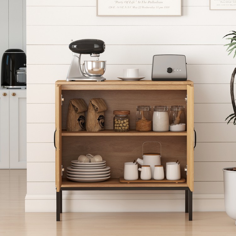 Boho storage cabinet with natural rattan doors, adjustable shelves, and metal legs for kitchen organization and style.